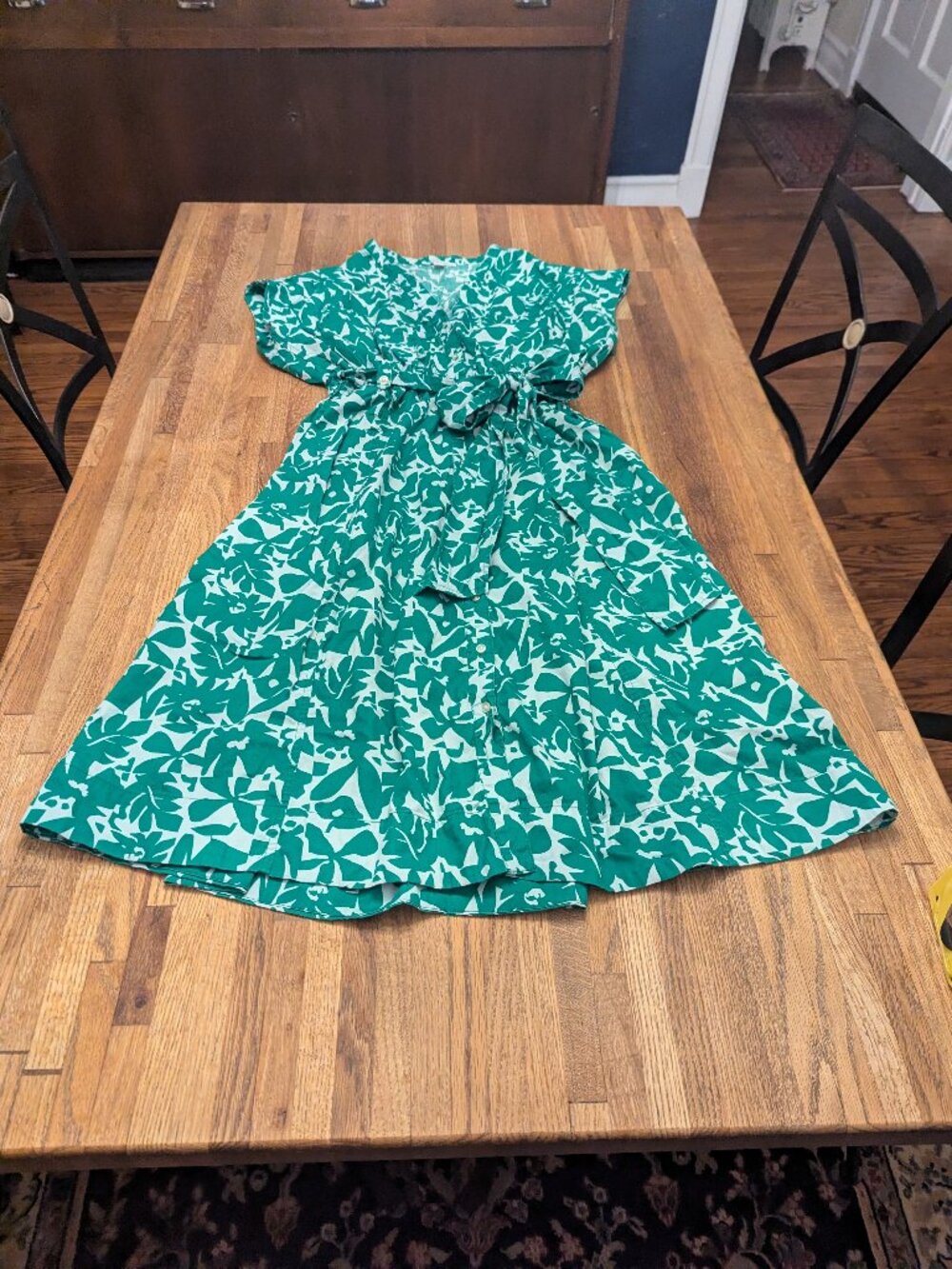 Chic Green and White Tropical Print POCKETS Safari Look Dress Free Assembly XL - Picture 1 of 10
